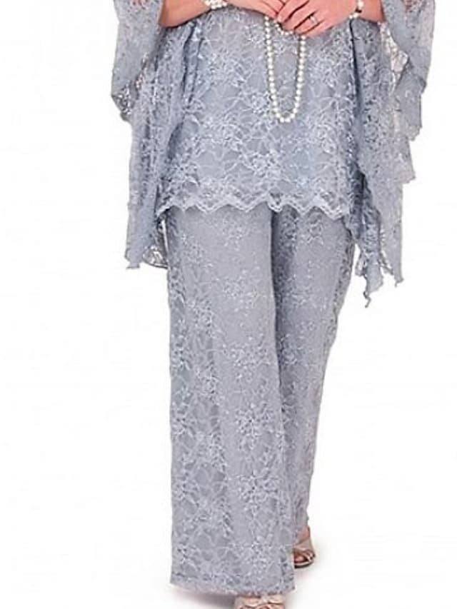 Pantsuit / Jumpsuit Mother of the Bride Dress Elegant Illusion Neck Floor Length Lace Satin Long Sleeve with Lace - RongMoon
