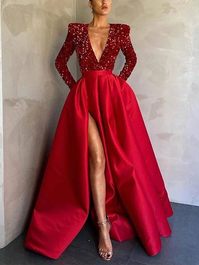 A-Line Sparkle Party Wear Formal Evening Dress V Neck Long Sleeve Floor Length Satin with Crystals Split - RongMoon