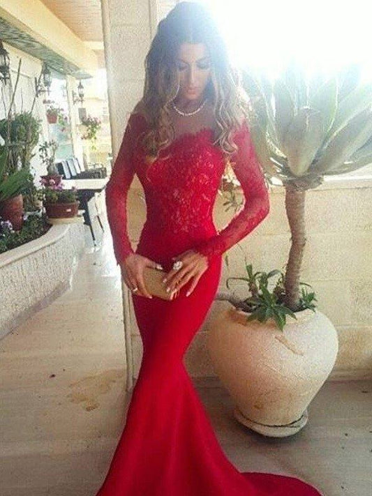 Trumpet/Mermaid Off-the-Shoulder Long Sleeves Lace Sweep/Brush Train Elastic Woven Satin Dresses - RongMoon