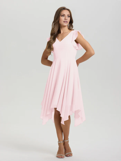 Lotus leaf edge sleeve V-neck asymmetrical tea long chiffon tea long bridesmaid dress