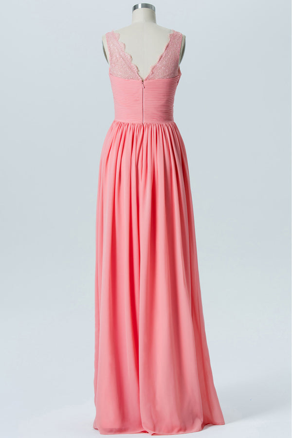 Pink Chiffon Lace Straps Bridesmaid Dress
