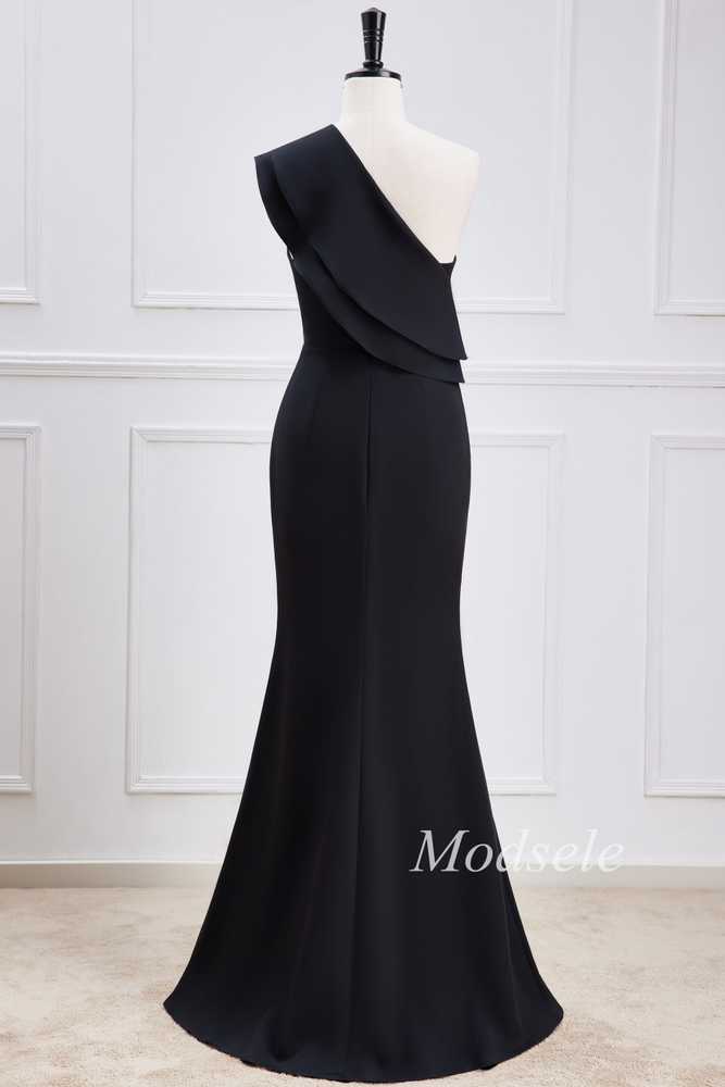Black Chiffon One-Shoulder Mermaid Maxi Dress