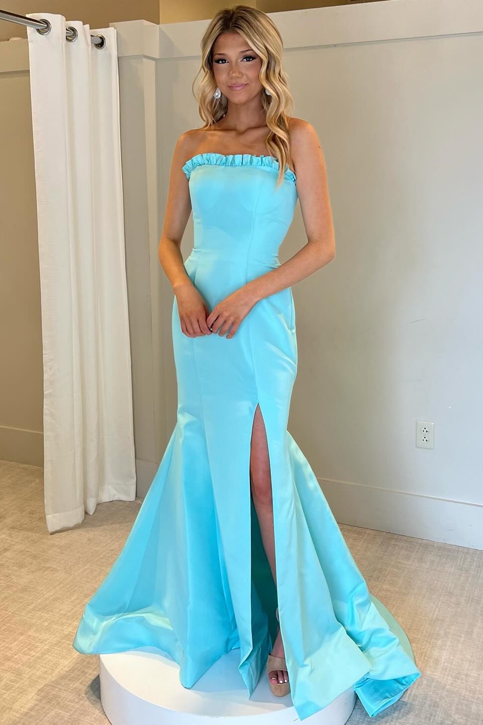 Yellow Strapless Ruffle Trumpet Long Gown with Slit