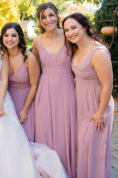 Mismatched Mauve Chiffon V Neck Long Bridesmaid Dress