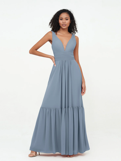 Deep V-neck chiffon layered skirt Bohemian style dress