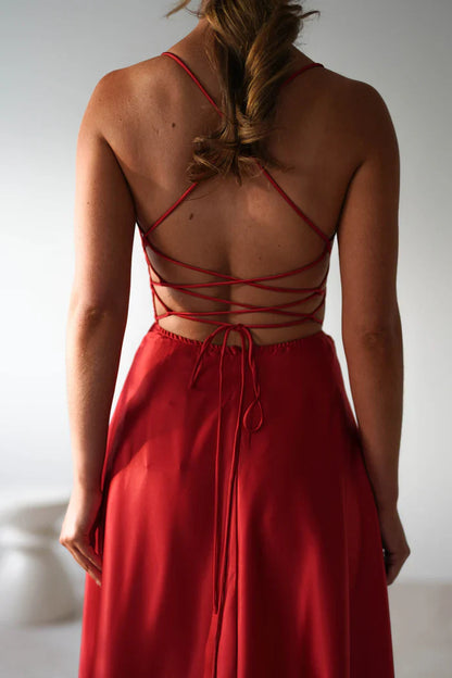 Thin shoulder strap square collar exposed back side slit and floor length Prom Dress - Jimiss Dress