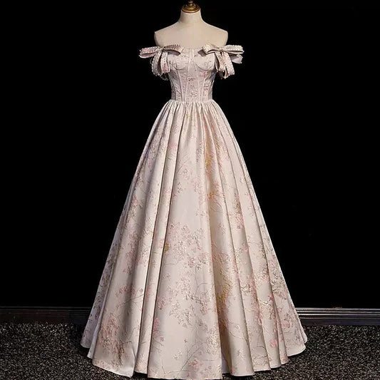 Girlhomeshops-Pink floral beaded long satin and floor formal ball gown with tie up dress gh5313