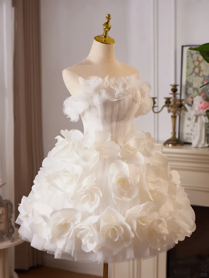 Gorgeous White Strapless Tulle 3D Flowers A Line 18th Birthday Outfits Short Homecoming Dress cc3421