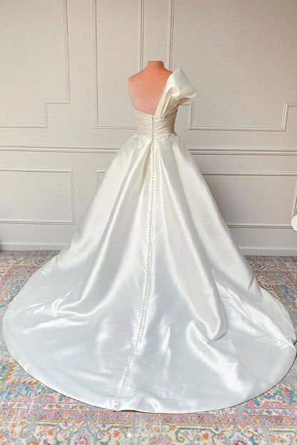 Minimalist Wedding Dress One-Shoulder Ruched Satin Bride Gown