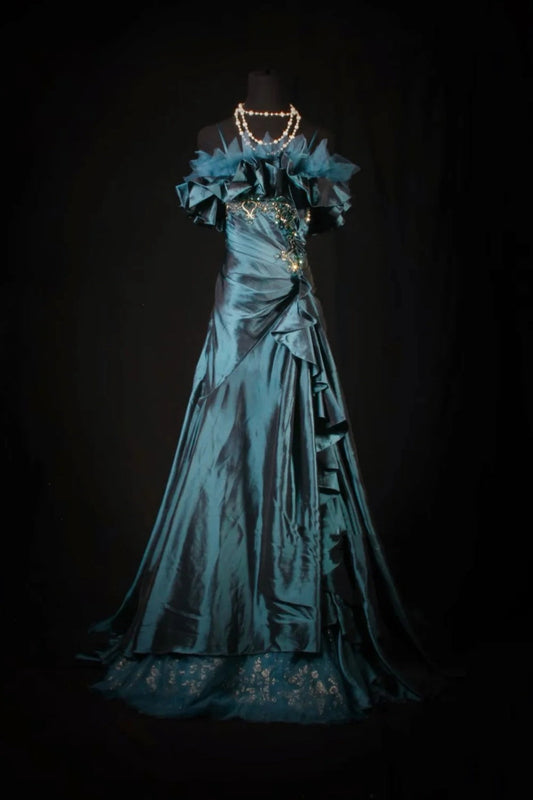 Peacock Blue Satin Long Dress: Cold-shoulder Ruffles, Luxury Banquet Wear gh6574