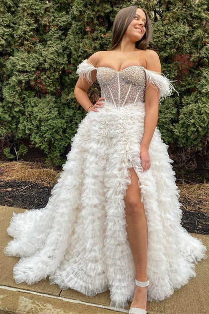 Hot Pink Beaded Feather Off-the-Shoulder Tiered Long Prom Dress with Ruffles