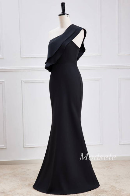 Black Chiffon One-Shoulder Mermaid Maxi Dress