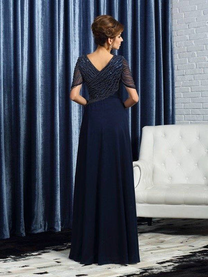 A-Line/Princess V-neck Short Sleeves Long Chiffon Mother of the Bride Dresses - RongMoon