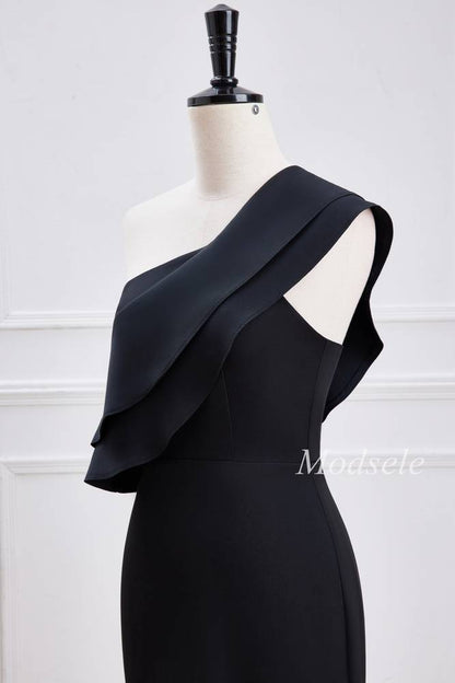 Black Chiffon One-Shoulder Mermaid Maxi Dress