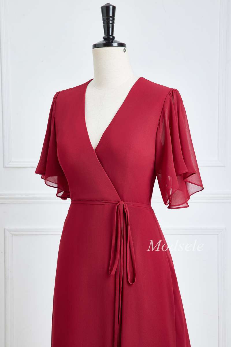 Wine Red Chiffon Surplice Neck A-Line Long Bridesmaid Dress