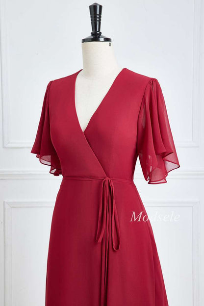 Wine Red Chiffon Surplice Neck A-Line Long Bridesmaid Dress