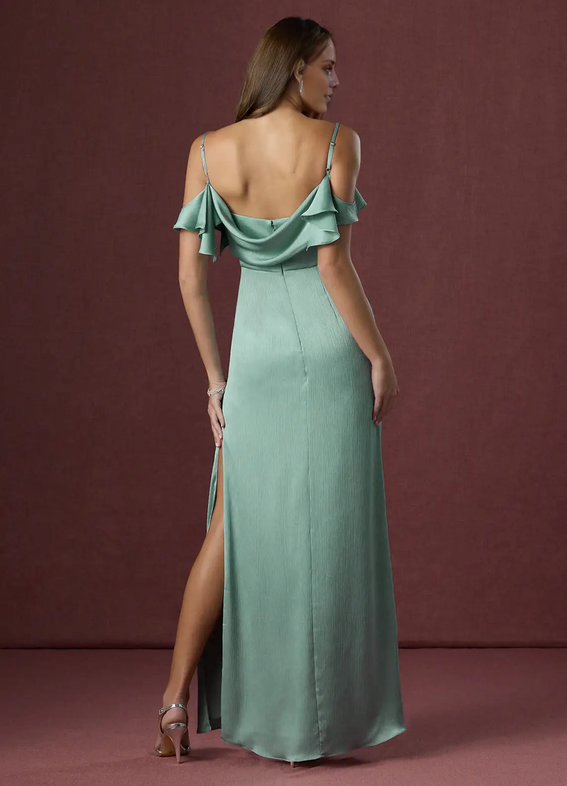 Jimiss slim shoulder strap boat collar side slit and floor length Prom dress