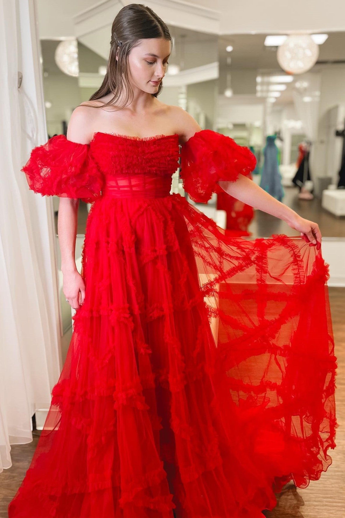 Magenta Strapless Ruffles A-Line Long Formal Dress with Puff Sleeves