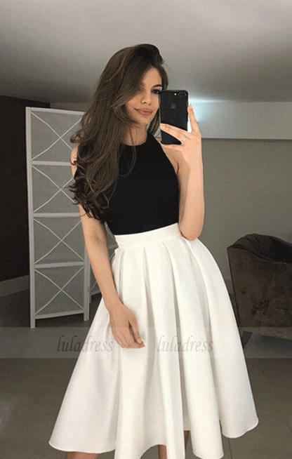 A-Line Halter Backless Tea-Length Ivory Homecoming Prom Dresses