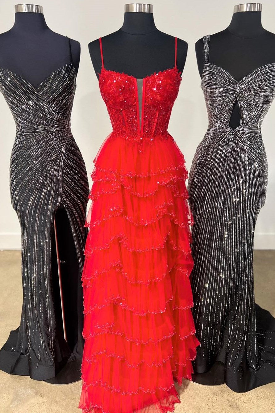 A-Line Sequin Lace Spaghetti Strap Ruffle Tiered Long Prom Dress