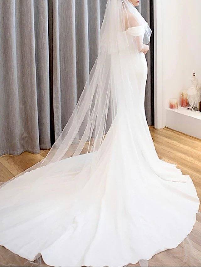 Mermaid / Trumpet Wedding Dresses Off Shoulder Court Train Satin Cap Sleeve Simple Luxurious with Pleats - RongMoon