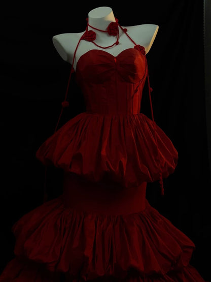 Dark Romantic Style Scarlet Rose Tiered Strapless Gown - Dinner & Gothic Theme Ball Dress gh6560
