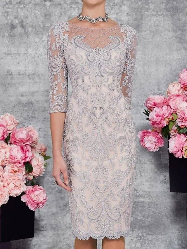 Two Piece Sheath / Column Mother of the Bride Dress Elegant Illusion Neck Knee Length Lace 3/4 Length Sleeve with Embroidery - RongMoon
