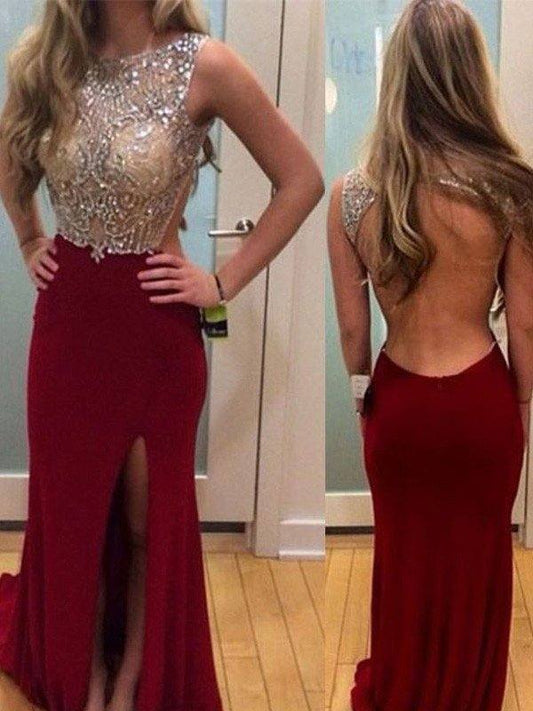Sheath/Column Sleeveless Scoop Spandex Beading Sweep/Brush Train Dresses - RongMoon