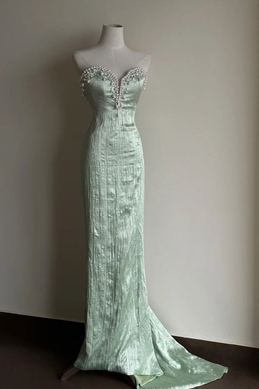 Green exquisite pearl embellishment long satin formal dress gh6808