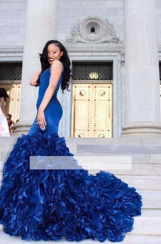 Blue Robe De Soiree Mermaid V-neck Organza Ruffles Backless Sexy Plus Size Long Prom Dresses Prom Gown Evening Dresses - RongMoon