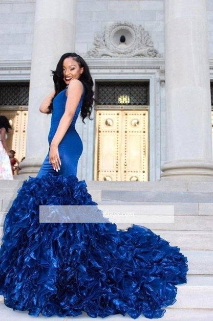 Blue Robe De Soiree Mermaid V-neck Organza Ruffles Backless Sexy Plus Size Long Prom Dresses Prom Gown Evening Dresses - RongMoon
