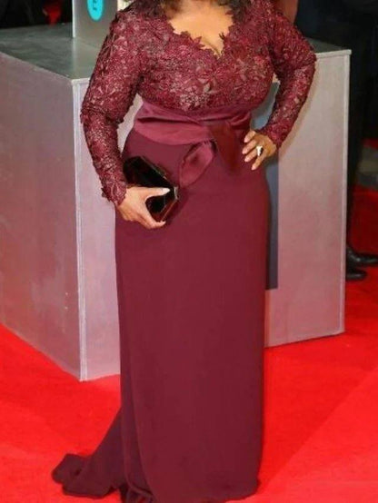 Sheath / Column Celebrity Style Plus Size Engagement Formal Evening Dress V Neck Long Sleeve Sweep / Brush Train Chiffon with Sash / Ribbon Appliques - RongMoon