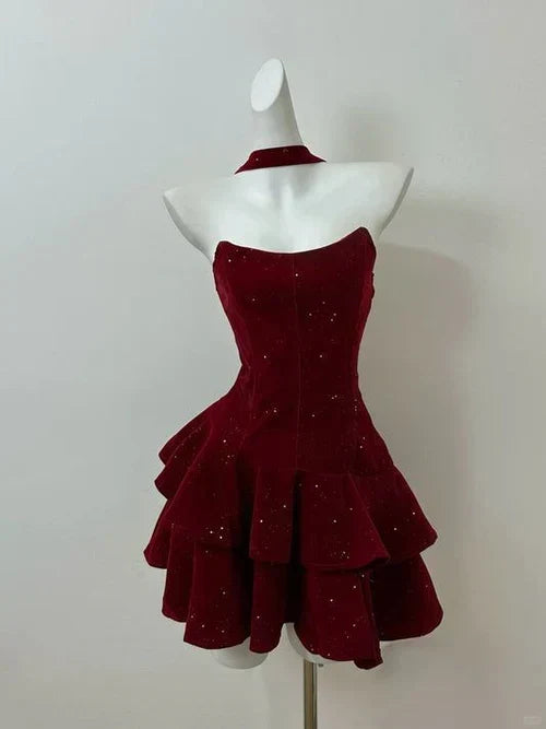 Vintage Burgundy Shiny Beaded A-Line Strapless Homecoming Dress Party Dress Cocktail Dress HZ1024