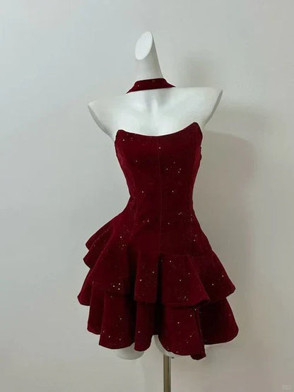 Vintage Burgundy Shiny Beaded A-Line Strapless Homecoming Dress Party Dress Cocktail Dress HZ1024