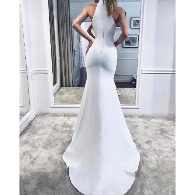 Mermaid / Trumpet Wedding Dresses Halter Neck Sweep / Brush Train Stretch Fabric Sleeveless Simple - RongMoon