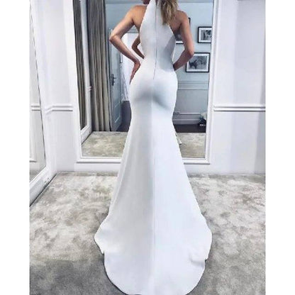 Mermaid / Trumpet Wedding Dresses Halter Neck Sweep / Brush Train Stretch Fabric Sleeveless Simple - RongMoon