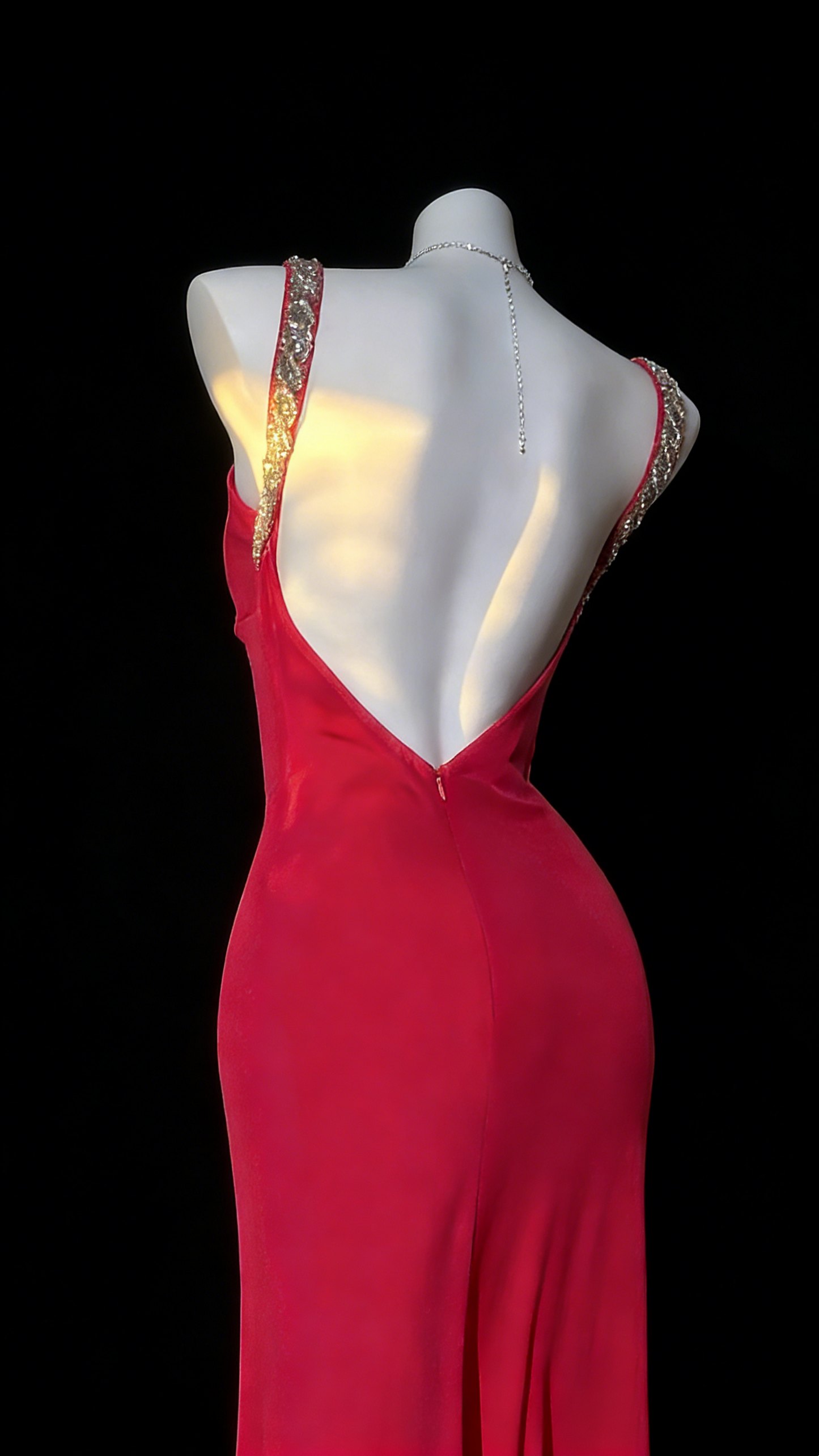 Satin Spaghetti Strap Gown - Sequin Trim Backless Mermaid Evening/Red Carpet/Date Maxi Dress gh6985