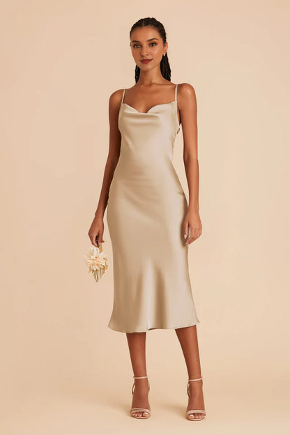 Fully lined pleated neckline mid length side zipper bridesmaid dress