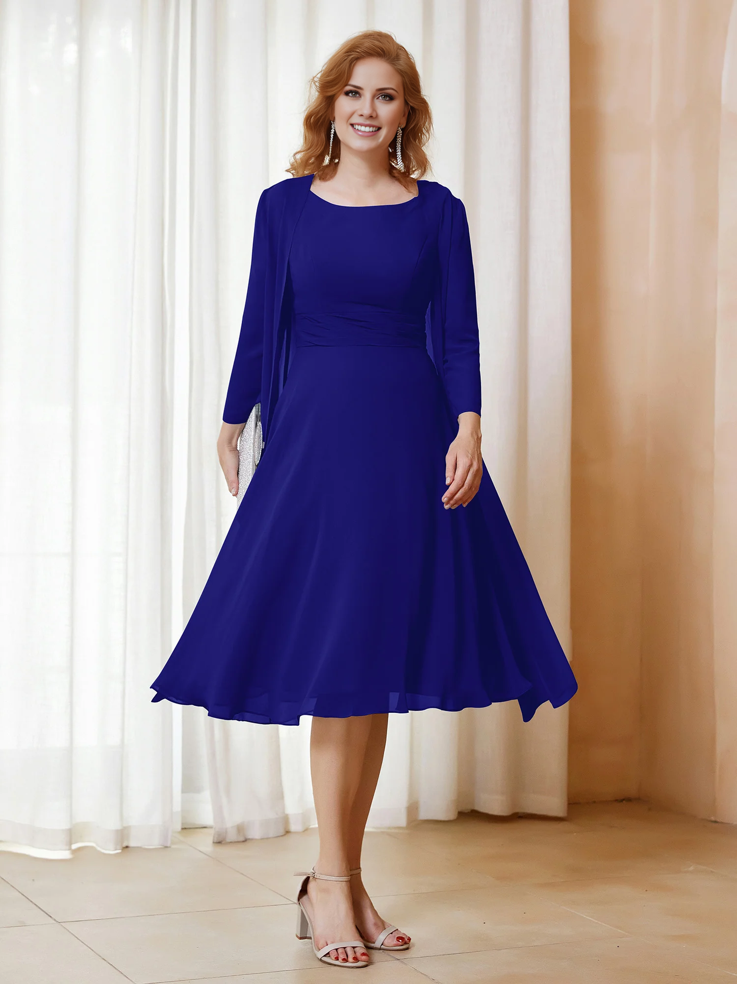 Folded chiffon dress paired with jacket mother of the bride dress