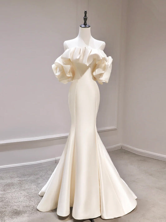 Mermaid Off Shoulder Light Champagne Long Prom Dress, Light Champagne Formal Dress