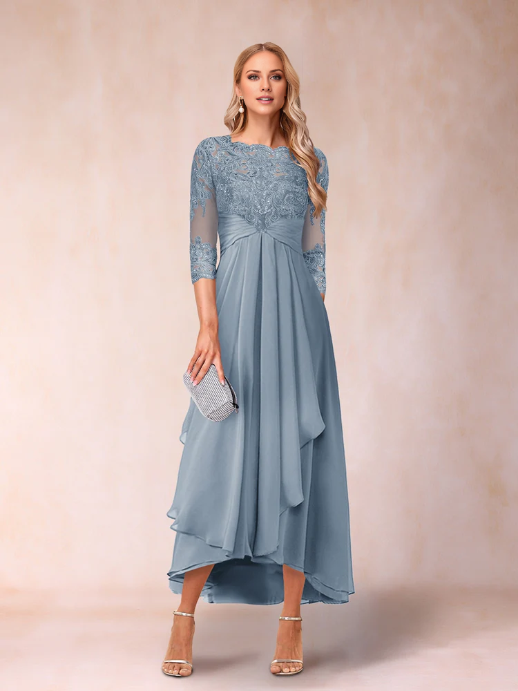 A-line princess transparent collar 3/4 sleeve length with bead and decal mother of the bride dress