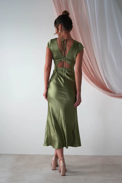 V-neck short sleeved satin long Prom dress - Jimiss Dress