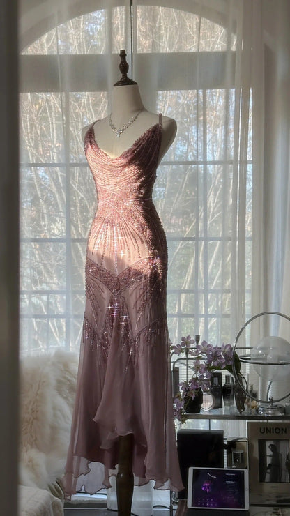 Pink  Romantic Fashion Elegant Exquisite Beaded Spaghetti Strap Long Tulle Chiffon Ruffle Ball Gown Evening Gown Party Dress gh4059