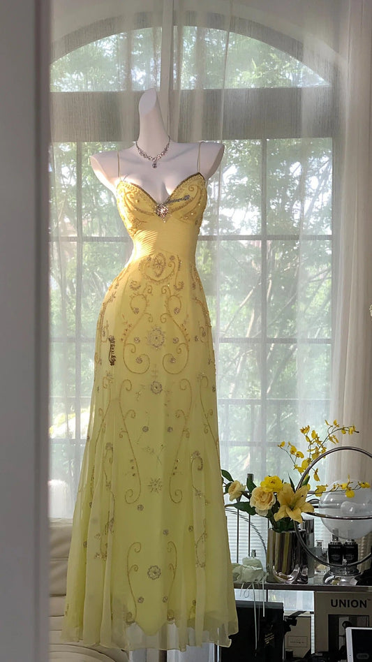 Yellow Gorgeous Exquisite Beaded Backless Spaghetti Strap Long Chiffon Ball Gown Evening Dress Birthday/Holiday Party Dress Prom Dress gh4063