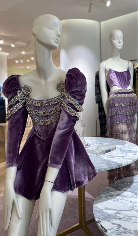 Girlhomeshops-Purple long-sleeved velvet retro shiny sweet short homecoming dress birthday dress gh5340