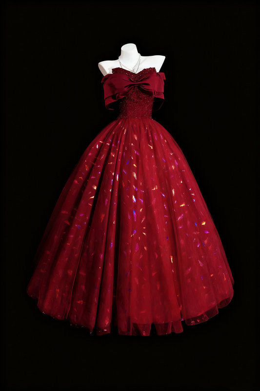 girlhomeshops-Red Shimmering Long Tulle Ball Gown gh6280