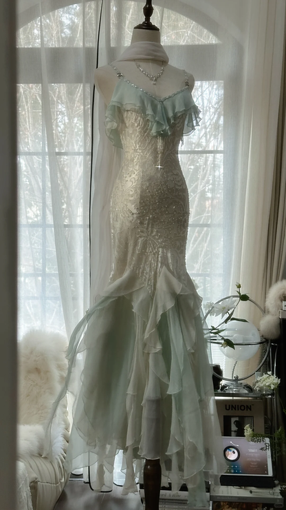 Elegant Mermaid Sparkling Beaded Spaghetti Strap Romantic Chiffon Evening Dress Prom Dresses HZ1024