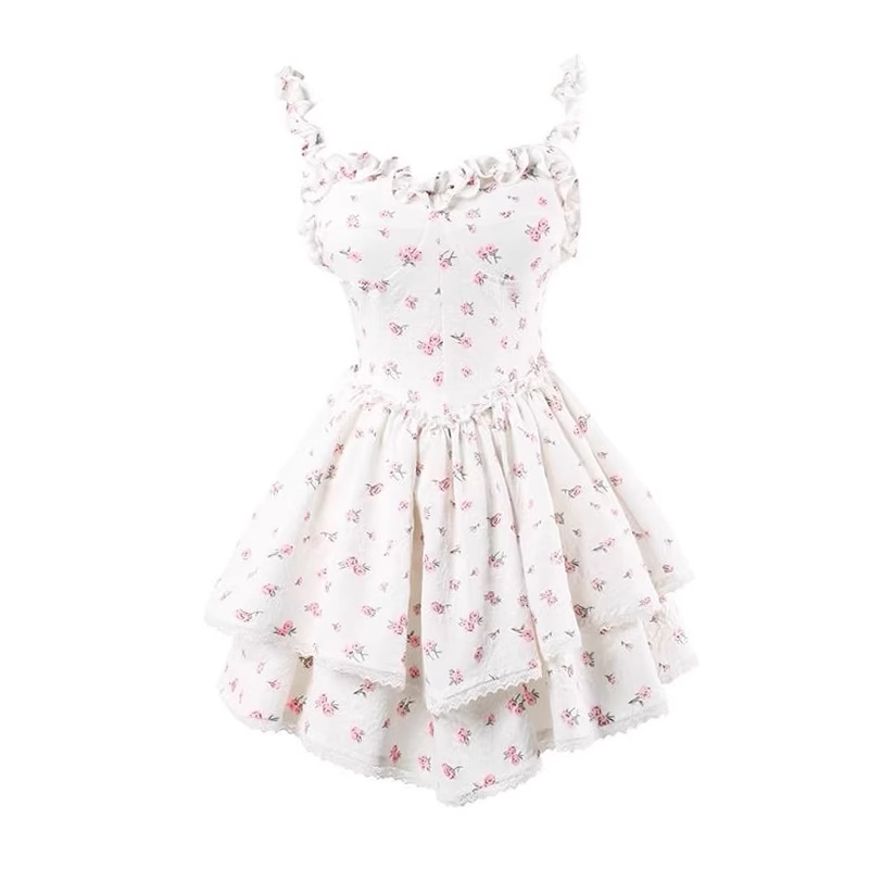 New Fashion Pink Floral Design A-line Sleeveless Spaghetti Strap Tiered Dress HZ1024