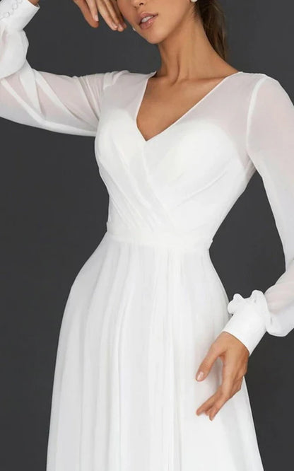 Aimishang Elegant A-Line V-neck Chiffon Long Sleeves Zipper Wedding Dress