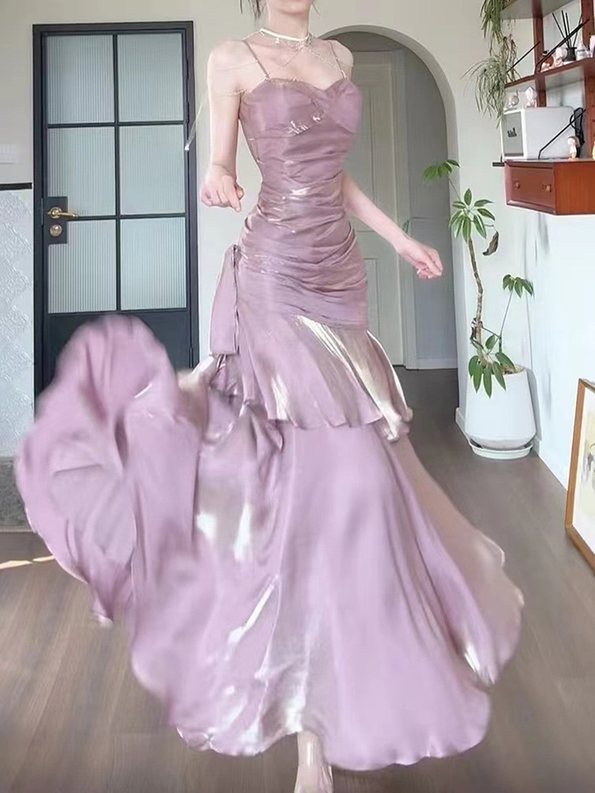 Chic Pink Satin Straps Long Party Dress Satin Mermaid Prom Dress Evening Dress cc1455